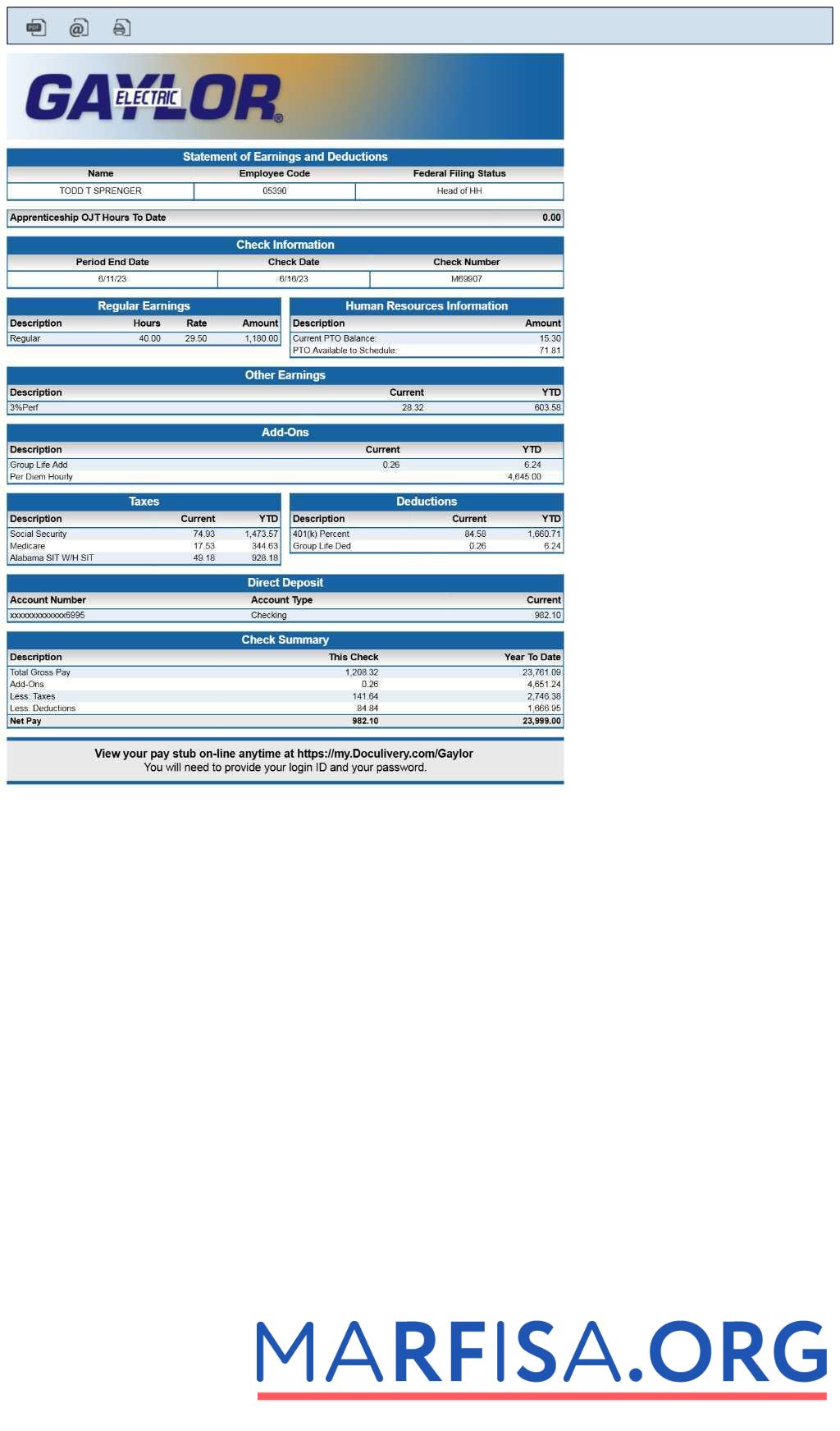 Blank Gaylor Electric statement of earnings and deductions pay stub download for verification